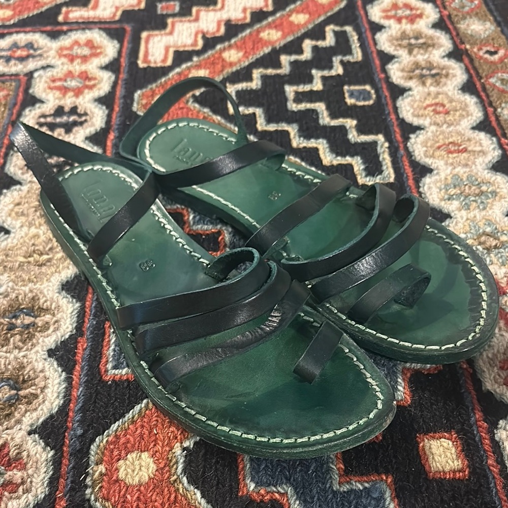 Forest Green Italian Leather Sandals with Multiple Straps